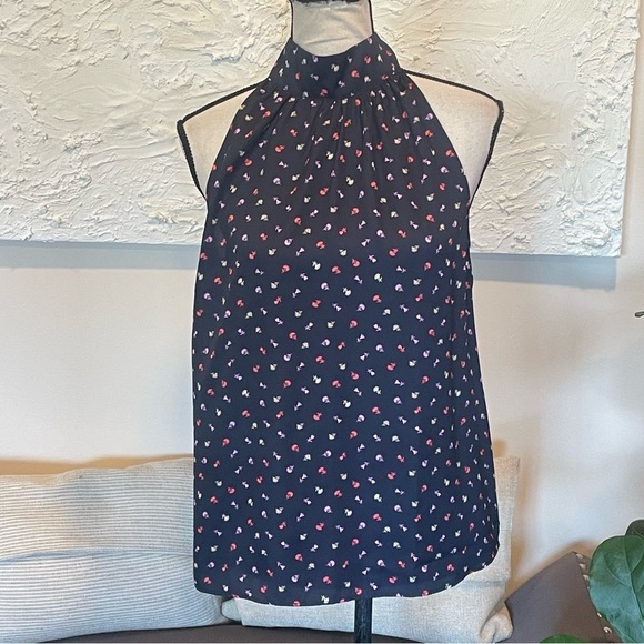 Ann Taylor Top Floral "Silky" Polyester Halter Bow Top Navy Blue NWT Sz M $74 - Picture 2 of 11